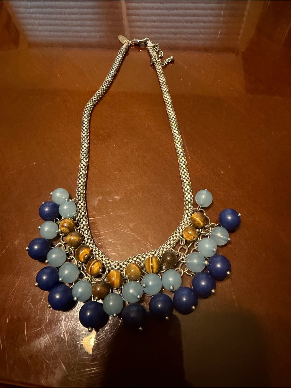 New York & Company Faceted Blue & Gold Beaded Statement Necklace